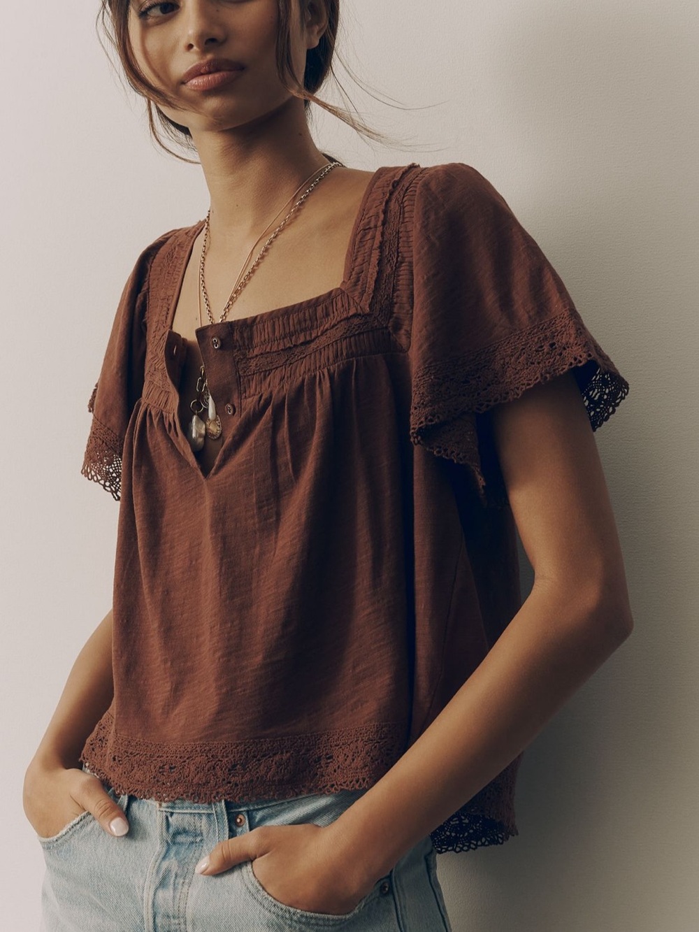 Anthropologie Chocolate Brown Lace-Trim Square Neck Short Sleeve Henley Blouse